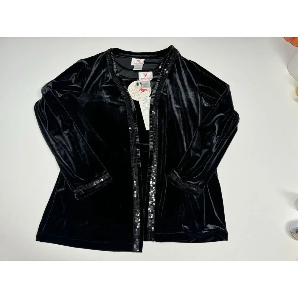 Quacker Factory Jacket Top Set Womens L Black‎ Velvet Sequins Evening Formal New
